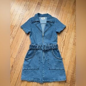 Mumu Denim Outlaw Zip-Front Belted Dress in Small Blue